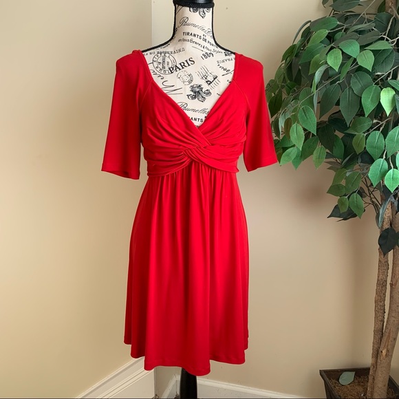 Boston Proper Twist-Front Short Sleeve Fit & Flare Dress Red Sz S - Picture 1 of 15
